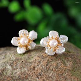 Stud Earrings 925 Sterling Silver Jewellery Pearl Natural For Women Gift White Flower Earring Fine