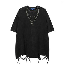 Men's T Shirts Worn Out Hole Short Sleeved T-shirt For Hip-hop Trend Niche Design Sense Necklace Cross Decoration Top