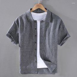 Men's Casual Shirts Yarn Dyed Fine Plaid Linen Short Sleeve Shirt For Men Chinese Styles Summer Sold Colour Thin Breathable Trend Blouses