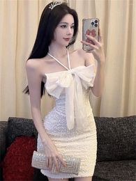 Casual Dresses Chic Women Party Dress 2023 White Sequins Bowknot Glitter Halter Skinny Mini Muje Bodycon Sexy Summer Short
