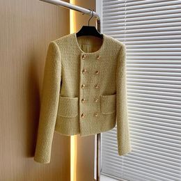 Women's Jackets 2023 Autumn Winter Small Fragrance Yellow Tweed Jacket Coat Women Clothing Fashion Double-breasted Pockets Blends Wool