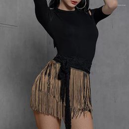 Stage Wear 2023 Adult Women Latin Double Layer Black Gold Banding Fringe Hip Scarf Skirt Girls Tassel Dress