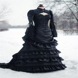 Vintage Victorian Wedding Dress Black Bustle Historical Medieval Gothic Bridal Gowns High Neck Long Sleeves Corset Winter Cosplay 2706