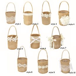 Burlap Flower Girl Basket Linen Handle for Vintage Rustic Wedding Ceremony