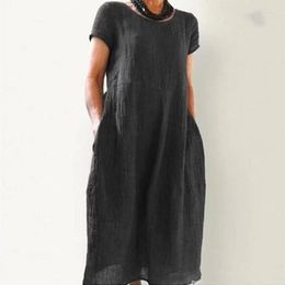 Casual Dresses Summer Cotton Linen Women Long Dress White O Neck Short Sleeve Female Spring Loose Vintage Ladies Clothing