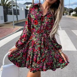 Casual Dresses Boutique For Women 2023 Spring/summer Large Swing Shirt Collar Tie Up Waist Button Print Pleated Short Vestido