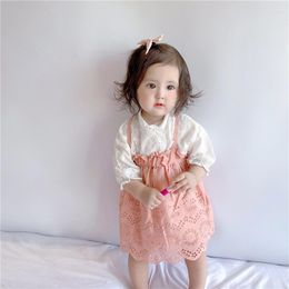 Clothing Sets Summer 2023 Baby Girls Cotton Clothes Infant Fashion Long Sleeve Floral Shirt Solid Colour Lace Suspender Skirt 2