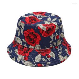 Berets Limited Edition Rose Flower Pattern Double-sided Fisherman Hat Ladies Leisure All-match Sun Outdoor Basin