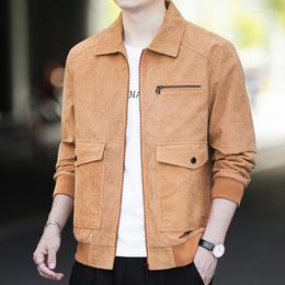 Men's Jackets Autumn Winter Corduroy Korean Style Slim Fit Tops Clothing Zipper Turn-down Collar Solid Vintage Casual Coat Black
