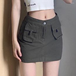 Skirts Lucyever Vintage Army Green Cargo Skirt Women Korean High Waist A-Line Denim Female Sexy Hip Wrap Anti-Glare Mini