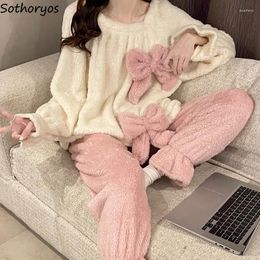 Women's Sleepwear Big Bow Flannel Pyjama Sets Women Simple Thick Warm All-match Cosy Arrival Sweet Lovely Basic Princess Patchwork Winter