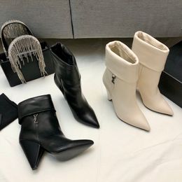 Üst Niki Liz ayak bileği botları sivri uçlu blok tıknaz koni topuk 8.5cm bot kadınlar için lüks tasarımcı deri taban süet soğuk patik topuklu ayakkabılar fabrika ayakkabı boyutu 35-41