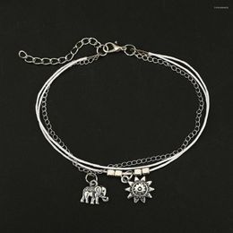 Anklets 2023 Bohemian Alloy Animal Foot Ornament Elephant Sun Multi-layer Leather Rope Square Bead Chain Anklet