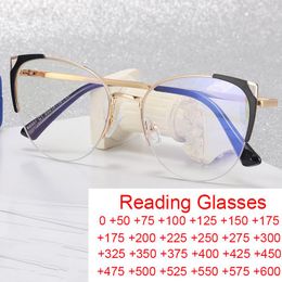 Sunglasses Trendy Semi Rimless Cat Eye Reading Glasses Women Optical Blue Light Computer Luxury Eyeglass Frames Farsighted Diopters 2