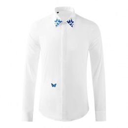 New Cotton Male Shirts Luxury Butterfly Collar Embroidery Long Sleeve Casual Mens Dress Shirts Slim Fit Party Man Shirts 4xl