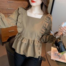 Women's Blouses Blouse Female Autumn Collection Waist Style Square Neck Shirt Women Wood Ear Edge Panel Long Sleeve Versatile Top