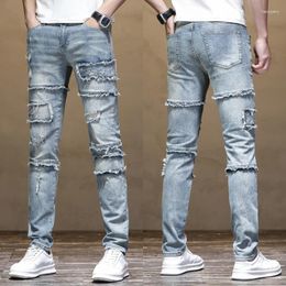 Men's Jeans Moto & Biker Men Light Blue Stretch Hip Hop Pants Denim Trousers Clothing Patchwork Streetwear Destroyed Boys