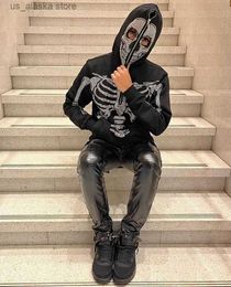 Men's Hoodies Sweatshirts Mens Rhinestone Skeleton Sweatshirt Korean Fashion Punk Sport Coat Pullover skull graphics Goth Long Sleeve Hoodie Y2k jacket T230731