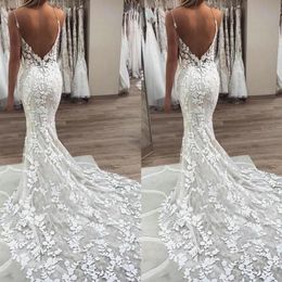 Expensive Floral Lace Wedding Dresses Mermaid Style 2023 Deep V-neck Spaghetti Beaded Strapls Sexy V Open Back Formal Bridal Party226k