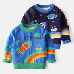 Cardigan Winter Baby Boy Clothes Cartoon Knitted Sweater Space Pattern Long Sleeve O Neck Thick Blue Pullover Tops For Children 27Y J230801