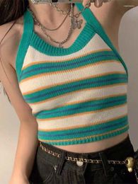 Women's Tanks Sweet And Spicy Vintage Striped Suspender Halter Neck Small Vest Back Chic Short Lace-up Design Sense Top Summer