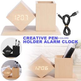 Desk Table Clocks LED Alarm Clock Wooden Pen Holder With Voice Control Snooze Function USB Rechargeable For Bedroom Office Decorate 230731