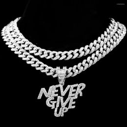 Pendant Necklaces Women Men 13mm Cuban Link Chain Choker Letter Necklace Iced Out Crystal NEVER GIVE UP Fashion Hip Hop Jewelry