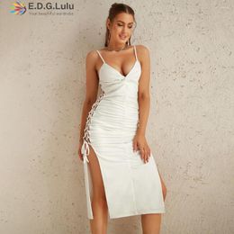 Casual Dresses EDGLuLu V-Neck Sleeveless White For Women Classy Design Side Split Drawstring Long Dress Ruched Sexy 0717