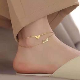 Anklets 25CM Length Women Stainless Steel Heart Shape Double Layer Letter Gold Colour Waterproof Anklet Foot Chain Summer Leg Jewellery