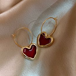 Stud Sweet Burgundy Enamel Heart Earrings for Women Girl Gold Color Metal Love Hanging Dangle Vintage Jewelry 230801