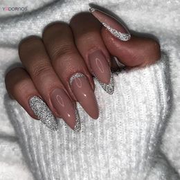 False Nails Pink Press On Almond Fake With Designs Silver Glitter Powder Tips French Artificial Fingernails Decors