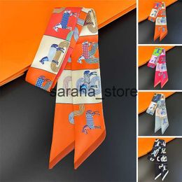 Scarves Luxury Design Skinny Silk Ribbon Scarfs for Women Horse Print Soft Satin Neckerchief Female Hairband Foulard Neck Scarves Bag J230801