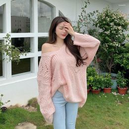 Women's Sweaters 2023 Autumn Winter Loose Hollow Out Pullover Basic Warm Sweater Women Korean Kniited V Neck Mid-length Pink Thin