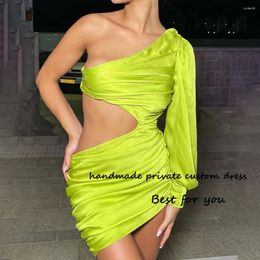 Party Dresses Green One Sleeve Short Cocktail Sexy Cut Out Pleats Mini Prom Dress Women Beach Night Club Wear Gowns