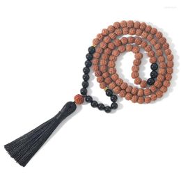 Anhänger Halsketten 108 Mala Perlen Halskette 8mm Schwarzer Onyx Natürliche Rudraksha Quaste Meditation Yoga Segen Japamala Schmuck