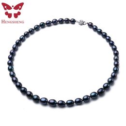 Strands Strings Arrival 89 mm Natural Freshwater Black Pearl Jewelry Necklace 925 Sterling Silver Flower Buckle Fine For Women 230731