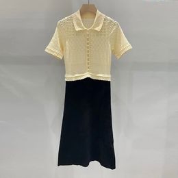 Australian designer dress French style pearl buckle stitching hollowed out knitted slim fitting short sleeved dress women designer clothing