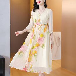 Casual Dresses 2023High-end Silk Dress Women Loose Printed MulberrySilk Long Skirt Seaside Holiday Beach Fashion Elegant Boho