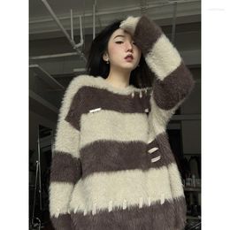 Women's Sweaters Winter Vintage Contrast Stripe Pullover Knitted Sweater Female O Neck Casual Slouchy Loose Top