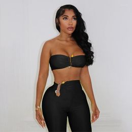 Women's Two Piece Pants 2023 Summer Solid Colour Crop Spread Breast Sexy High Waist Tight Foreign Style Casual Hip Lift Trouser Suit Female