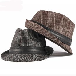 Wide Brim Hats Bucket HT2774 Fedoras Autumn Winter Hat Caps for Men Vintage Plaid Wool Retro Gentleman Black Band Fedora Male Trilby Jazz 230801