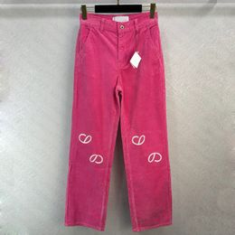 23SS Fw Women's Designer Pants With Letter Embroidered Girls Vintage High End Milan Runway Brand Casual Outwear Rose Pink Cotton Corduroy Long Straight Trouser