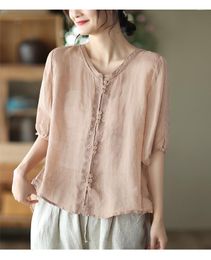 Women's Blouses 23 Women 100Fine Ramie Shirts Summer Mori Girl Style Solid Colour Embroidery Loose V-Neck Collar Female Tide Tops