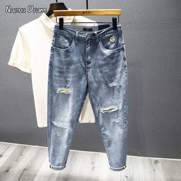 Mens Jeans Spring and Summer Holes In Nine Points Slim Straight Pants Thin Style Haren Brand Casual 230731