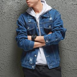 Men's Jackets Trendy Brand Ripped Denim Jacket Men Korean Version Casual Loose Lapel Early Fall Ruffian Cargo