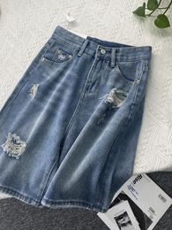 Women's Shorts Women Knee Length Ripped Blue Denim High Waist Wide Korean 90s Y2k Vintage Harajuku A-line Jean Short Pants Summer