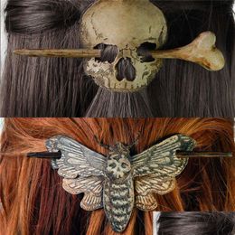 Hairpins Death Moth/Skl Stick Slide With Faux Bone For Women Halloween Party Cosplay Props Hair Accessories Drop Delivery Jewellery Ha Dhkse