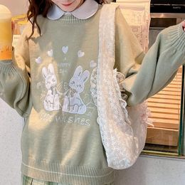 Women's Sweaters Cartoon Printed Knitted Sweater Women Preppy Fashion Green Long Sleeve Oversize Jumper