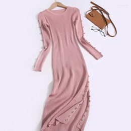 Casual Dresses Autumn Winter Knitted Dress Women O-neck Full Sleeve Button Split Female Fashion Solid Slim Sweater Long Skirt