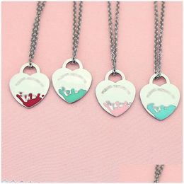 Pendant Necklaces Luxury Heart Necklace Womens One Set Of Packaging Stainless Steel 19Mm Blue Pink Green Red Couple Jewelry On The N Dhpve